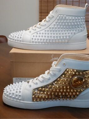 Christian Louboutin White and Gold Spike High-Top Sneakers